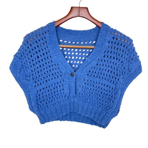 Handmade Sweaters - Handmade Womens Cardigan Sz M Crochet Cobalt Blue Twee Cottage Cropped Layering